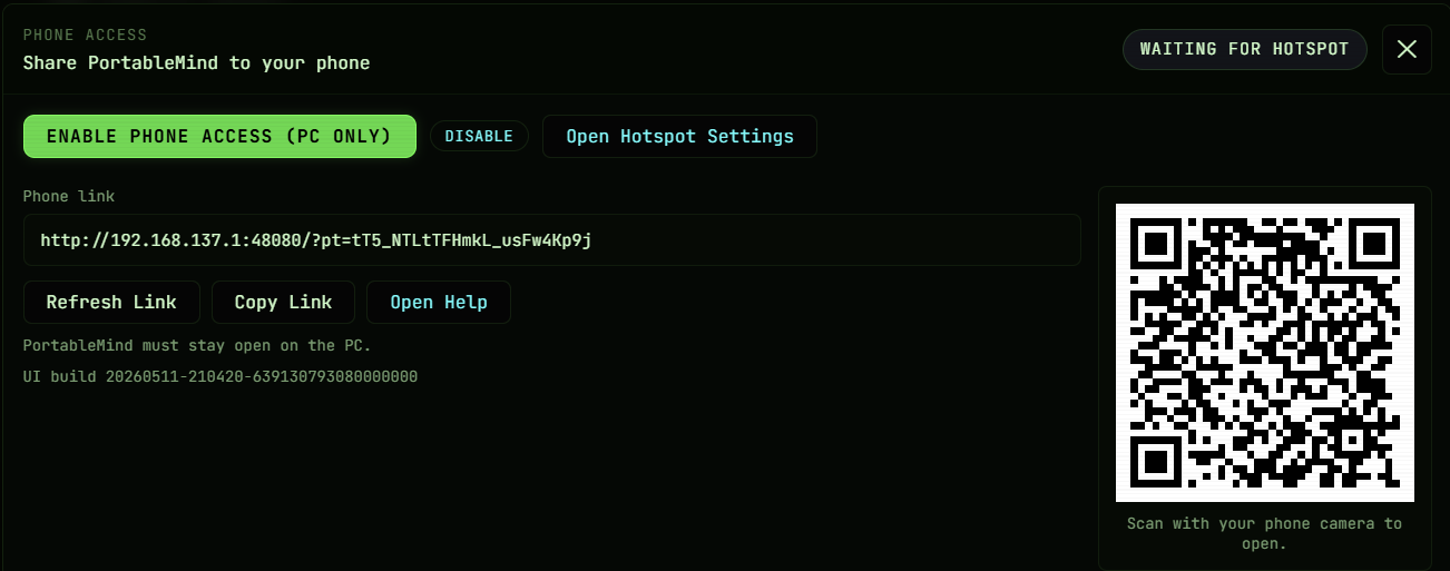 Phone Access — Pair your phone via local hotspot. Second-screen workflow.