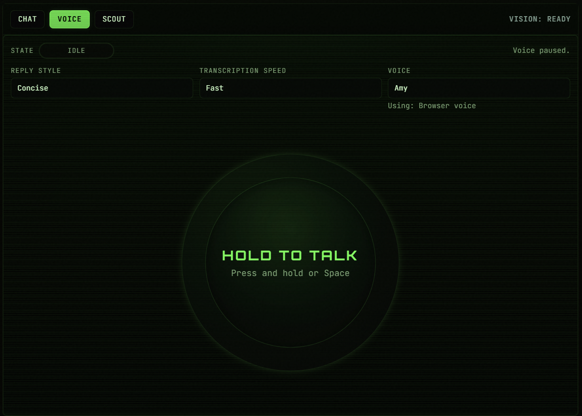 Voice Mode — Push-to-talk. Local STT. No mic data leaves your machine.