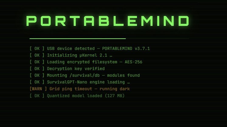 PortableMind boot splash — system init log: USB detected, µKernel, AES-256, decryption verified, GPT-Nano engine loading