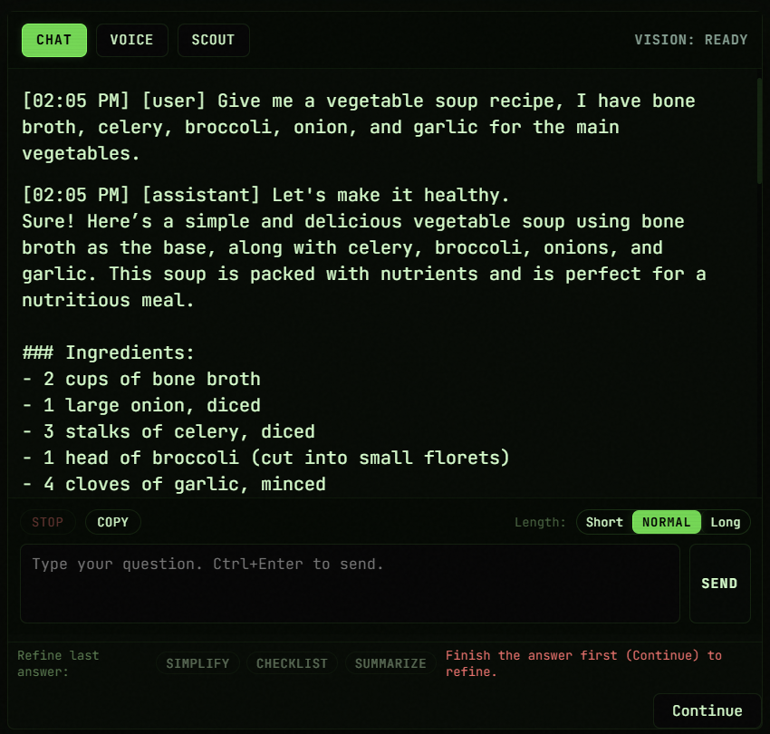PortableMind 1.5 conversation thread — soup recipe response with offline cache footnote