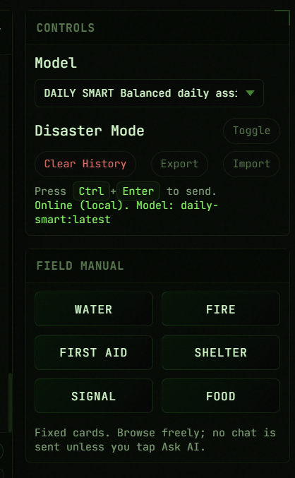 PortableMind 1.5 controls panel with model picker, disaster mode toggle, and field manual grid