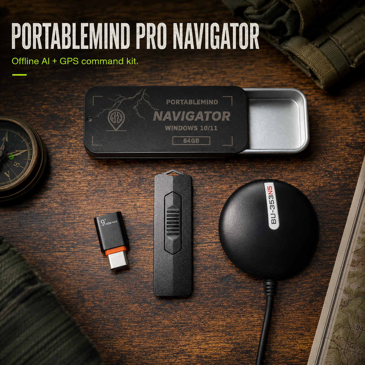 PortableMind PRO Navigator kit — the Navigator USB in a slide-tin case, a BU-353N5 USB GPS receiver, and a 100W USB-C adapter laid out on a field desk beside a compass and topo map
