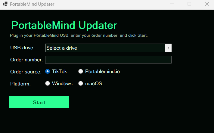 PortableMind Updater start screen with USB drive picker, order number field, order source, and Start button