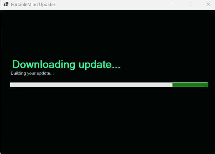 PortableMind Updater downloading and assembling a personalized update build with a progress bar