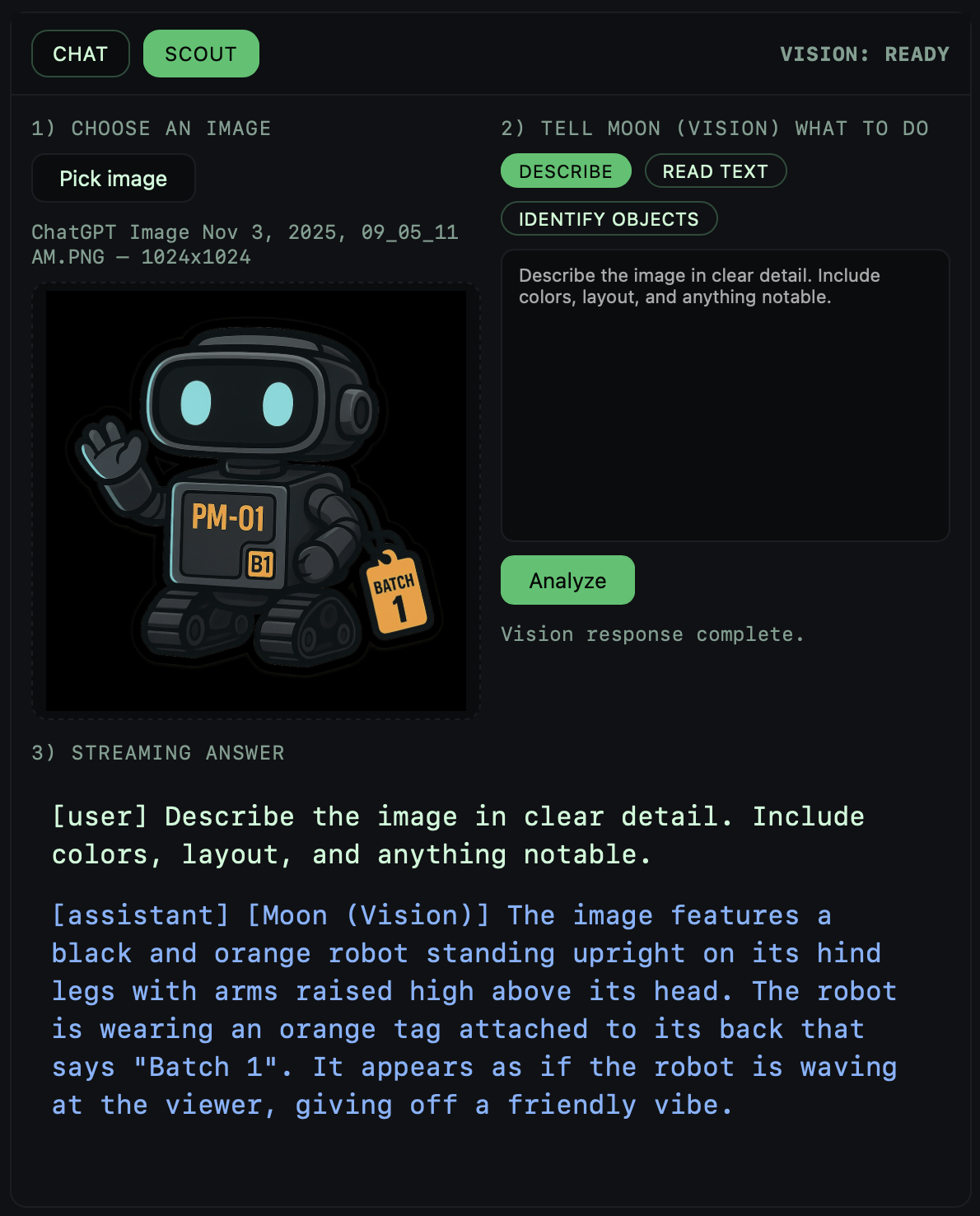 PortableMind 1.4 SCOUT Vision mode describing a field photo